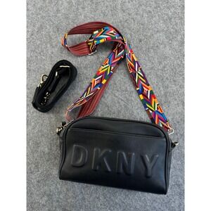 DKNY Black Leather Crossbody Bag with Colorful and Black Strap